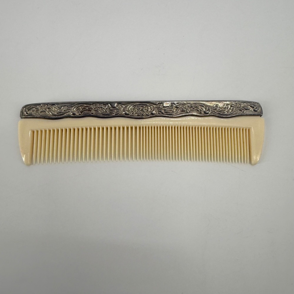 Vintage Ornate Silver Tone Floral Scroll Cream Celluloid Hair Dressing Comb 7"